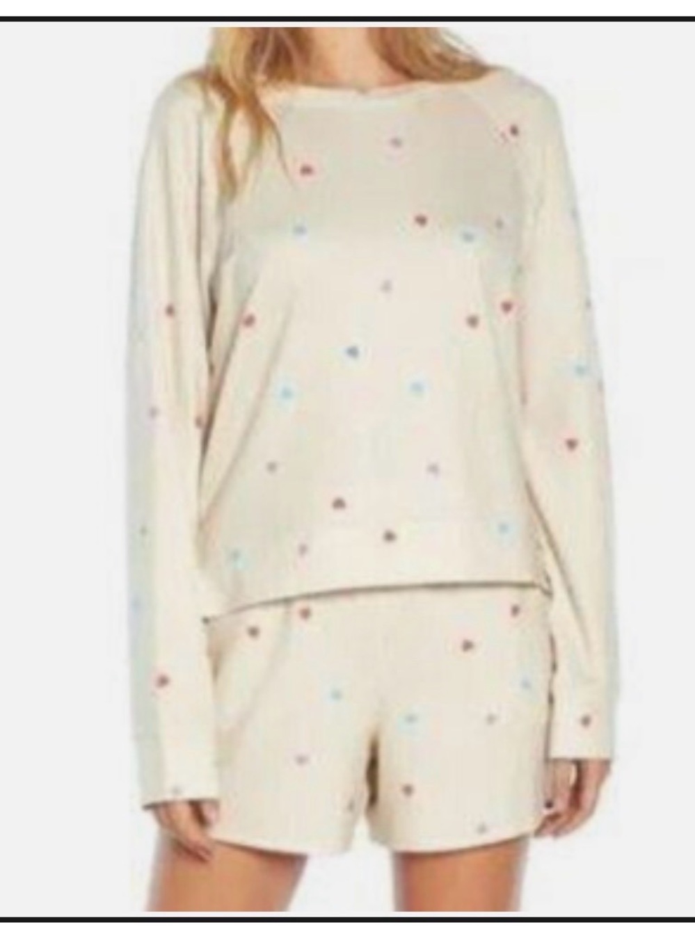 Wildfox Sweatshirt & Short Lounge Set Ivory Oatmeal Multi Color Hearts Medium